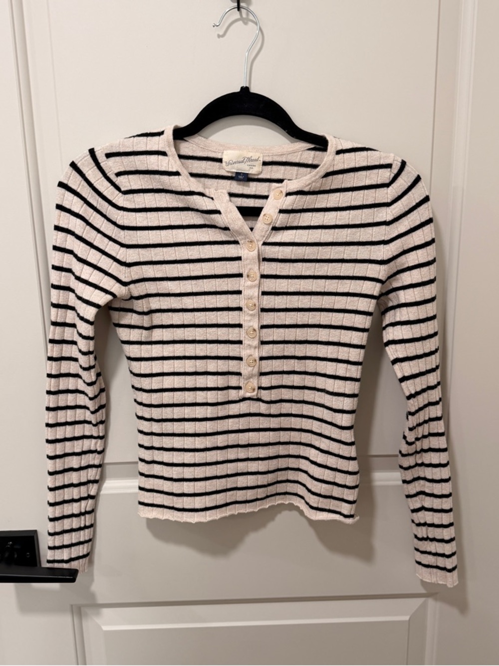 Universal Thread Cream and Black Striped Ribbed Henley